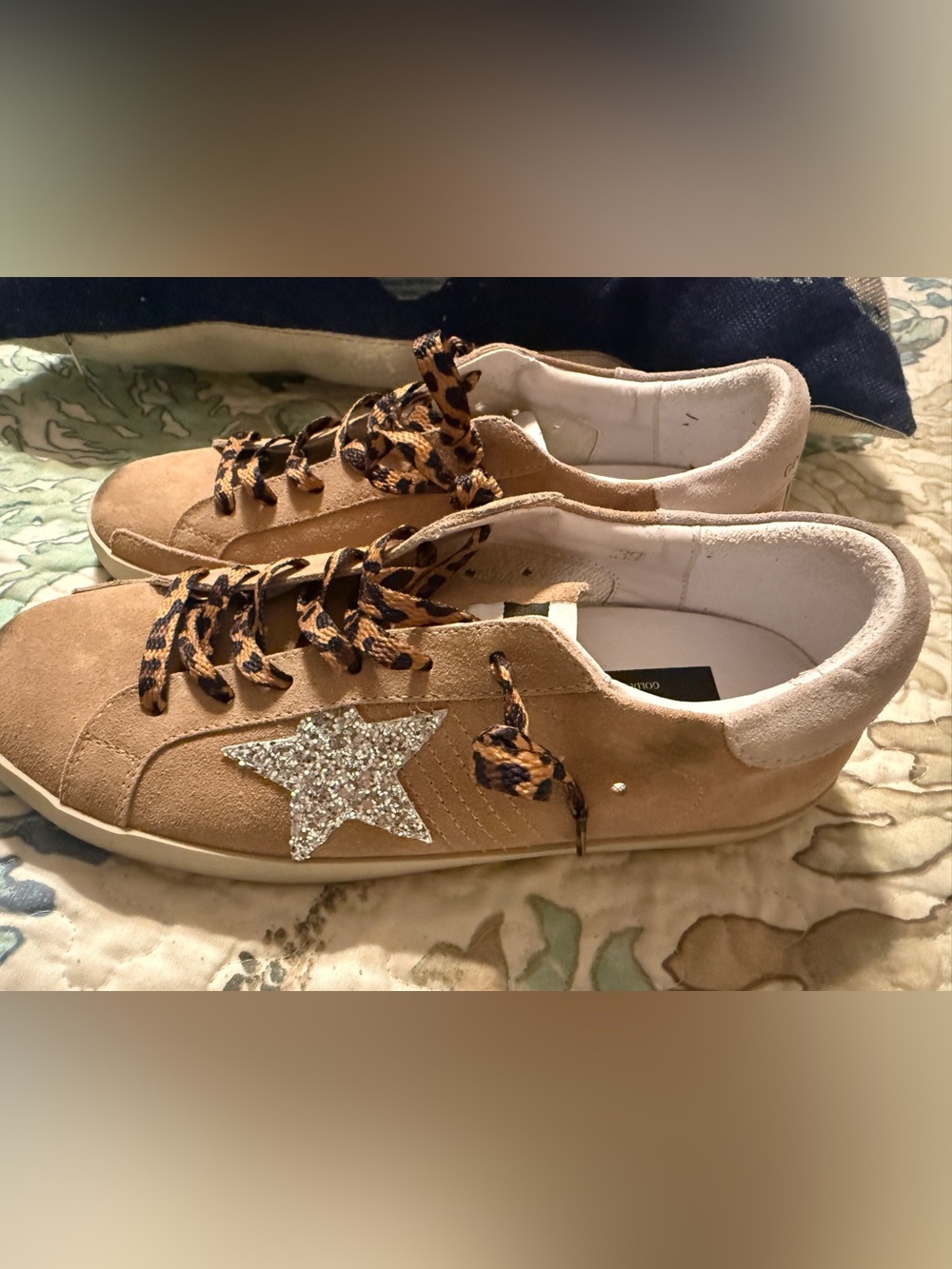 Golden Goose Tan Suede Superstars Sneakers Silver Glitter Star Leopard Size 39 - Picture 3 of 8